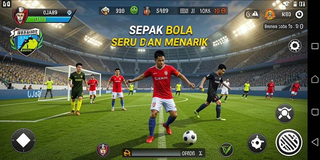 Screenshot gameplay OJA89 menampilkan aksi seru sepak bola di lapangan.