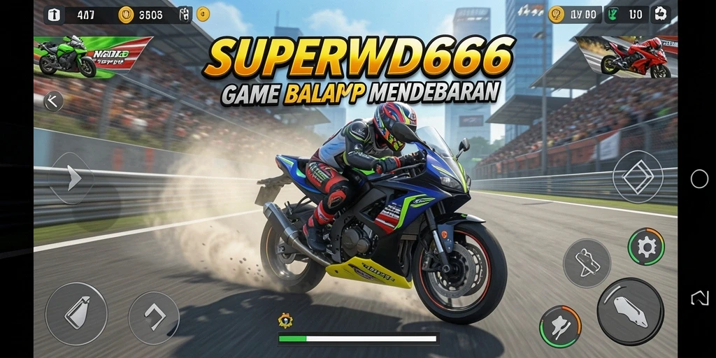 Tampilan gameplay mendebarkan di SUPERWD666 dengan motor balap.