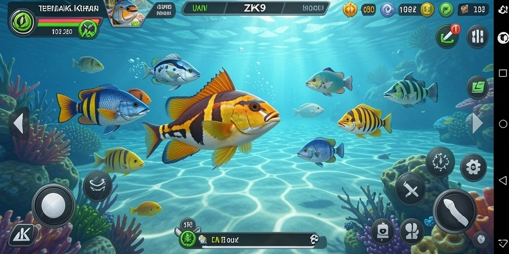 Tampilan gameplay seru ZK9 saat menembak ikan di bawah laut.